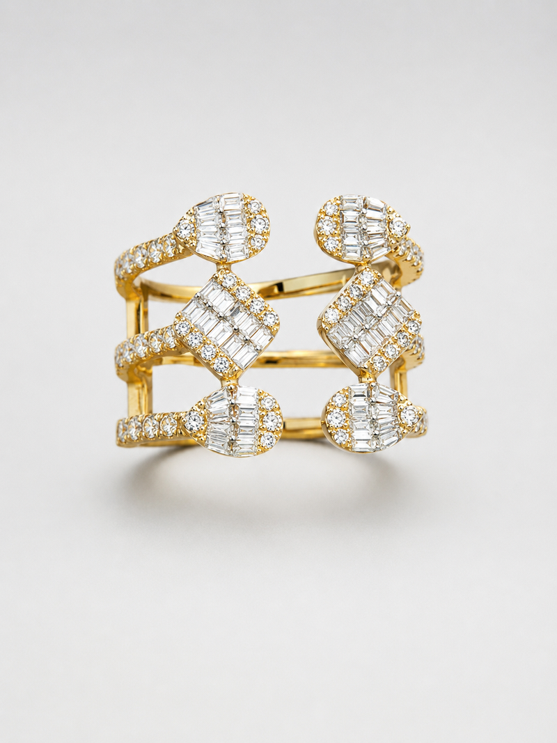 1.00 CT Baguette Diamond Multi-Station Statement Ring in 14K Yellow Gold