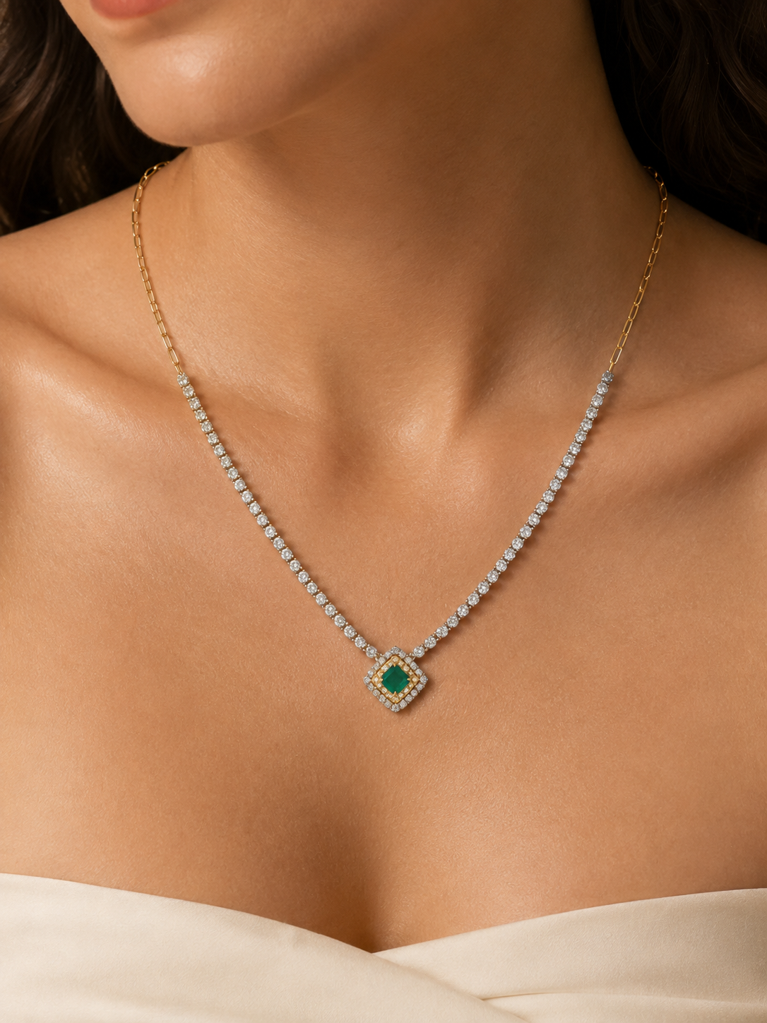 2.75 CT Natural Diamond & 0.65 CT Emerald Two-Tone Necklace