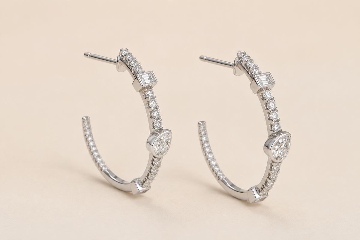 0.47 CT Diamond Hoop Earrings in 14K White Gold