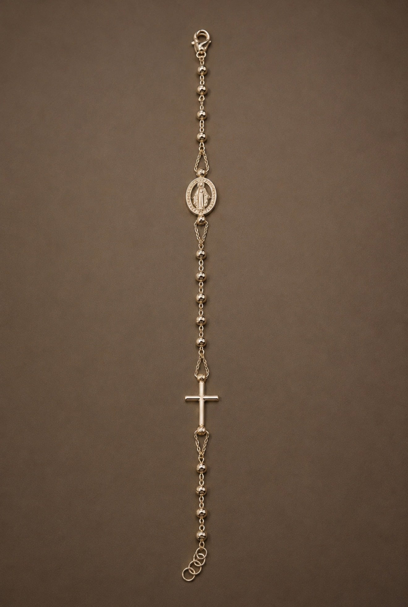 Italian 18K Yellow Gold Miraculous Medal & Cross Beaded Bracelet