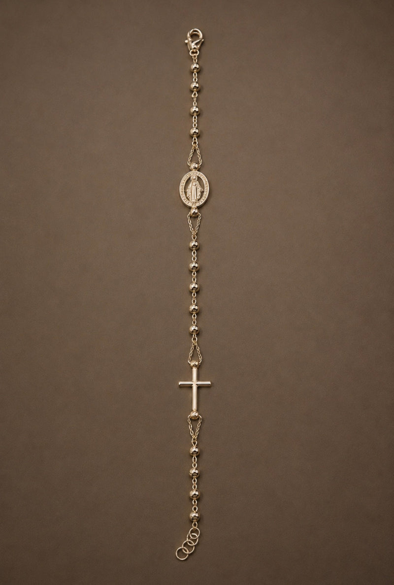 Italian 18K Yellow Gold Miraculous Medal & Cross Beaded Bracelet