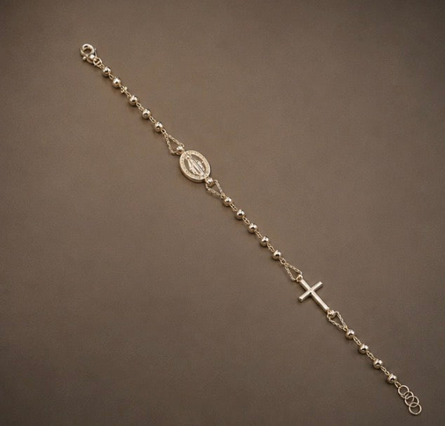 Italian 18K Yellow Gold Miraculous Medal & Cross Beaded Bracelet