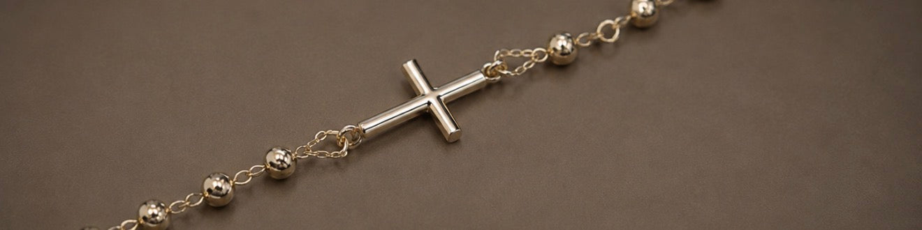 Italian 18K Yellow Gold Miraculous Medal & Cross Beaded Bracelet