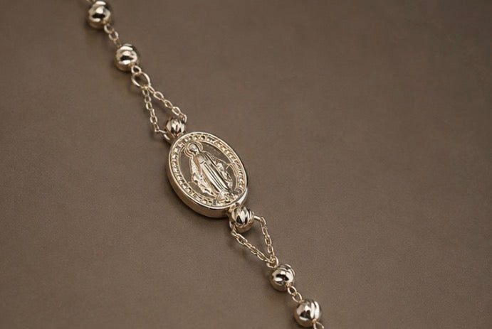 Italian 18K Yellow Gold Miraculous Medal & Cross Beaded Bracelet